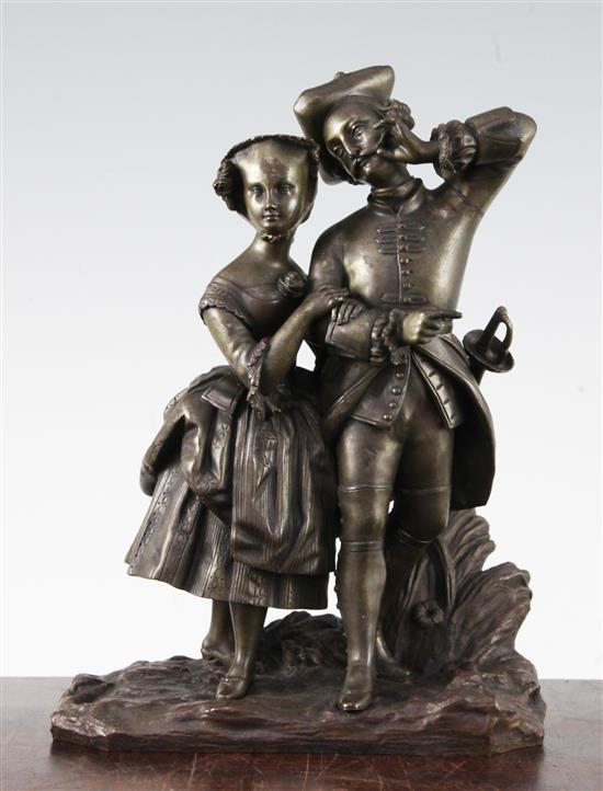 A late 19th century patinated figural bronze modelled as a soldier and his wife, 9.75ins high